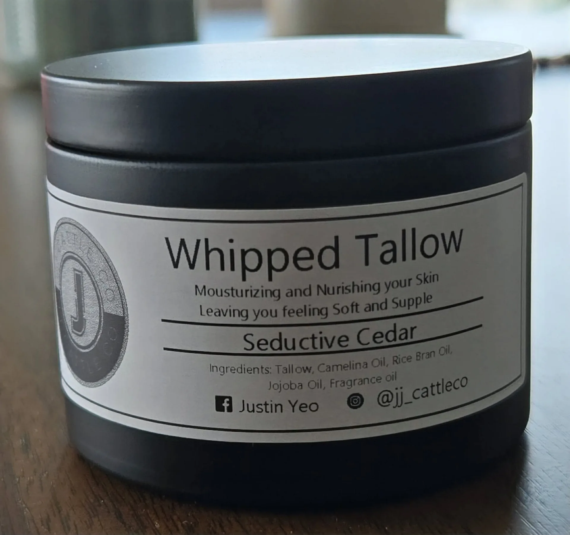 JJ Cattle Co. Whipped Tallow in Seductive Cedar — black tin with brand label